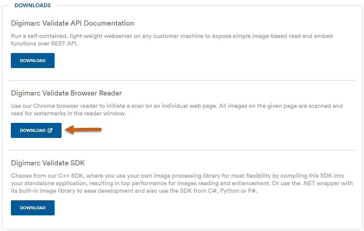 Validate Downloads page showing the download button for the Chrome reader