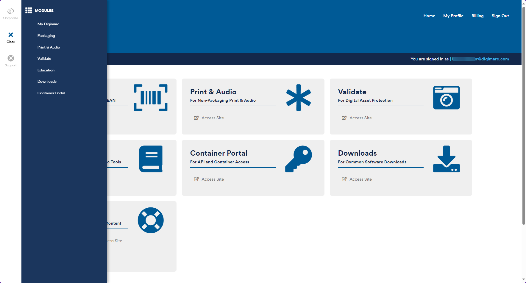 My.Digimarc showing apps for enterprise accounts and partners